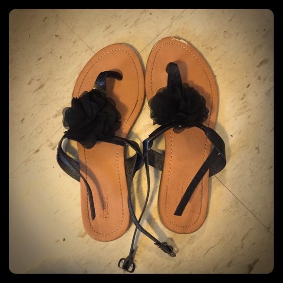 Black flower ankle strap sandals