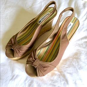 {AE} Brown Cork Peep Toe Wedges