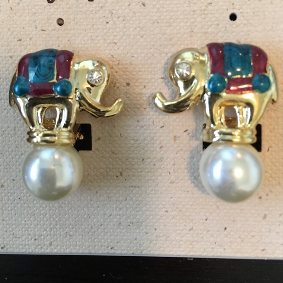 Elephant Clip Earrings Blue / Red and gold tone