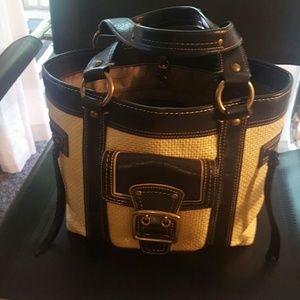 Coach Natural Straw / Black Leather Handbag