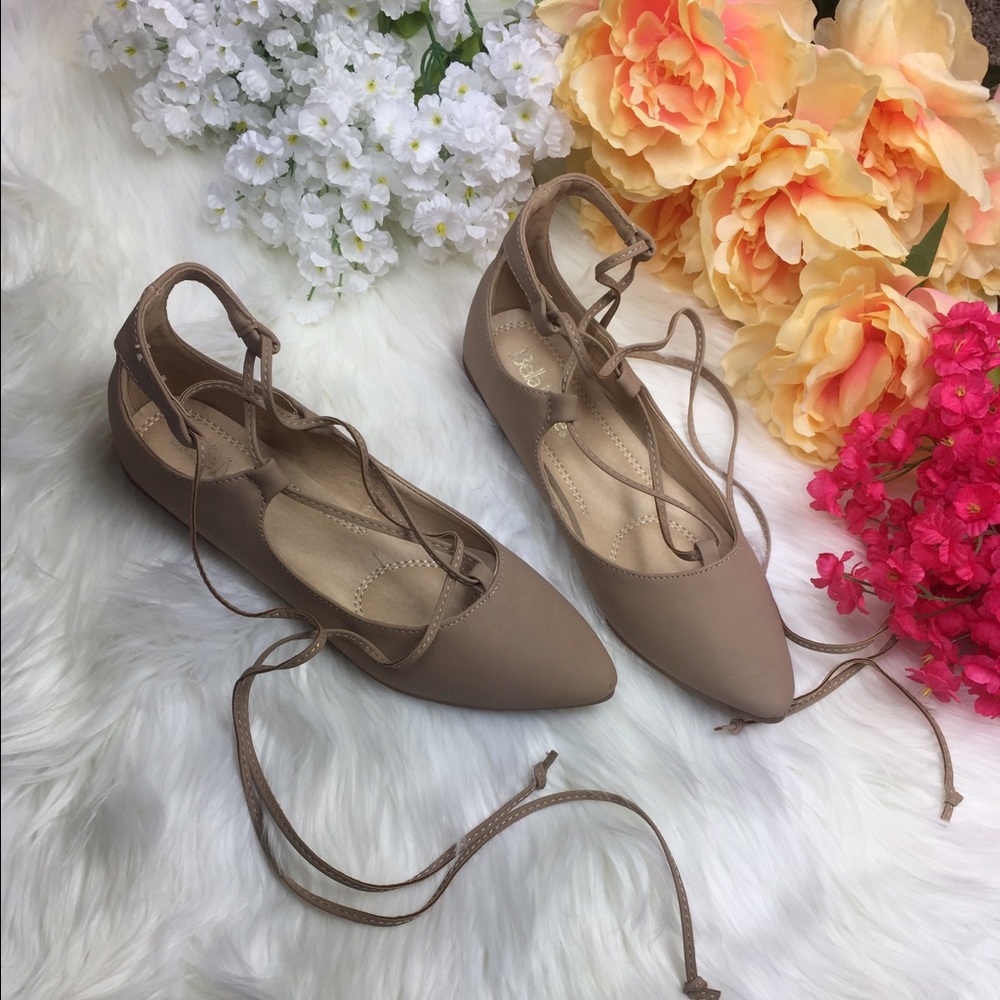 Taupe Lace Up Ballet Flats - Picture 3 of 6