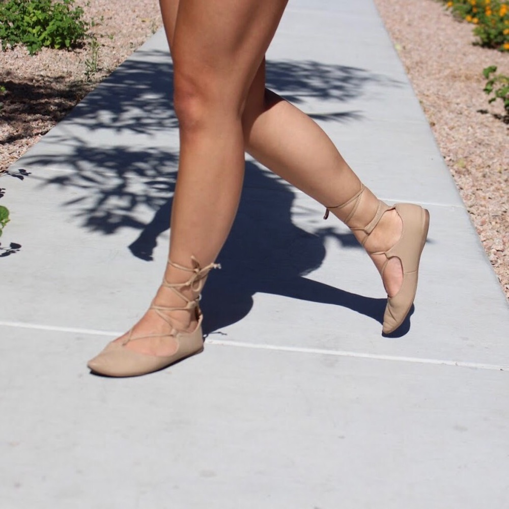 Taupe Lace Up Ballet Flats - Picture 2 of 6