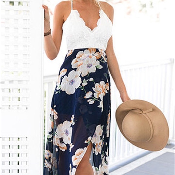 Yoins lace and floral open back dress.