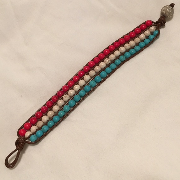BEADED 3 ROW TURQUOISE AND LEATHER BRACELET