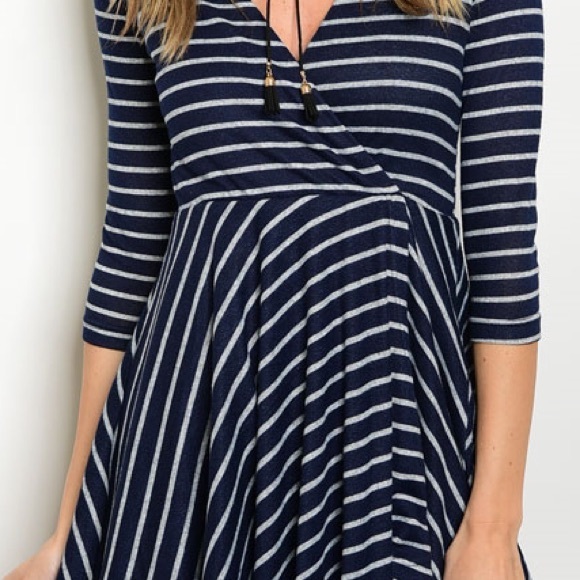 🎈LAST ONE🎈Navy Grey Stripe Skater Wrap Dress - Picture 3 of 3