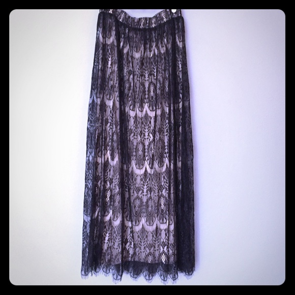 Black Lace Maxi Skirt with Nude Lining
