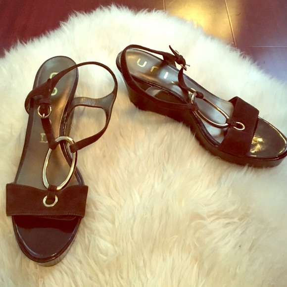 Brown and gold platform wedges