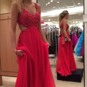 Red Beaded Top, Open Back Prom Dress