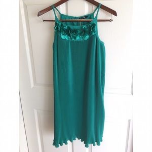 Emerald Green George Pleated Dress Flower Detail