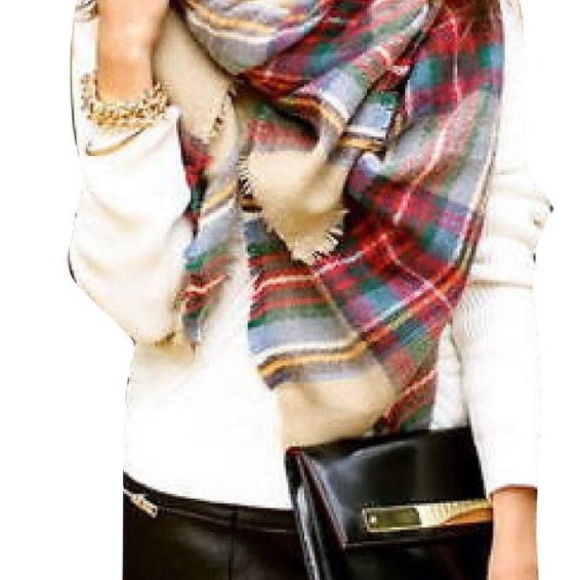 Restocked Blanket Scarf Plaid Tartan Red Camel Blue Green - Picture 3 of 4