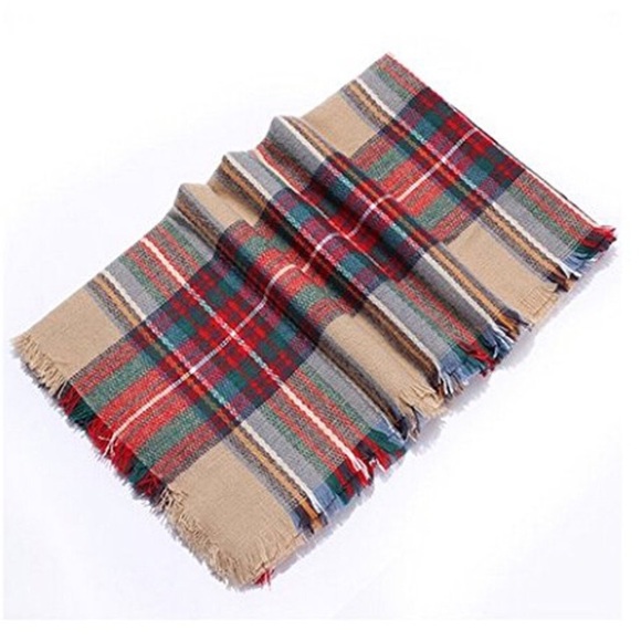 Restocked Blanket Scarf Plaid Tartan Red Camel Blue Green - Picture 4 of 4
