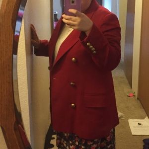 Red Pea Coat 100% Wool Gold Buttons Size 8