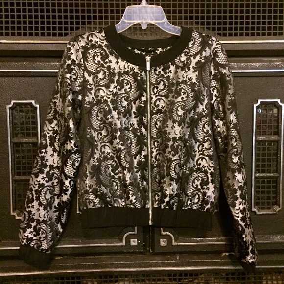 Silver brocade crop bomber jacket