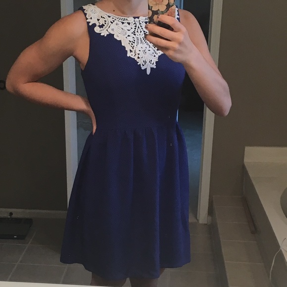 Beautiful blue dress with white lace detail