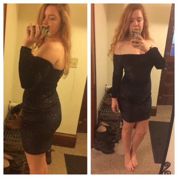 AA Off the Shoulder Black Glitter Dress