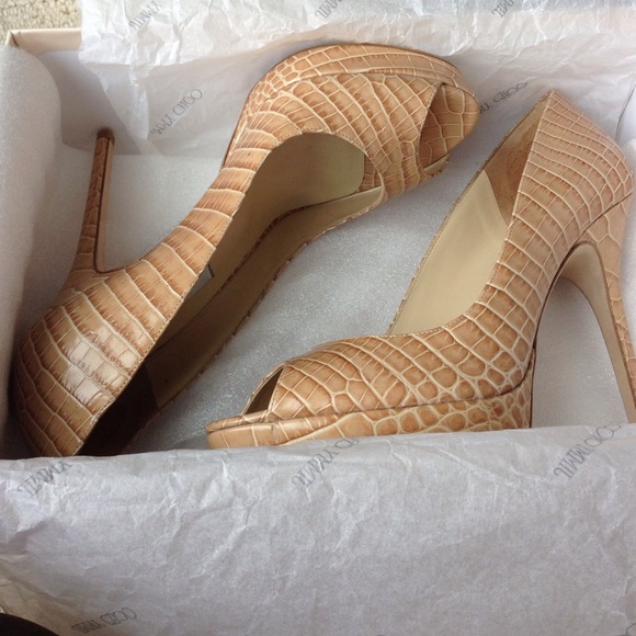 Glossy Mock Croc Jimmy Choo peep toe pumps in nude - Picture 3 of 4