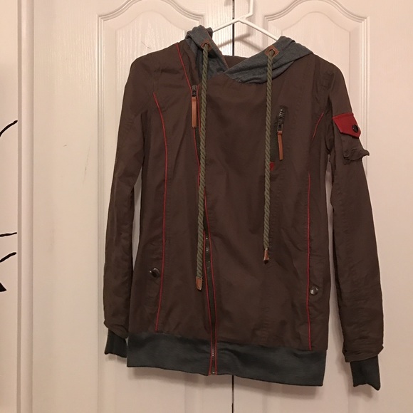 Brown and green hooded bomber jacket