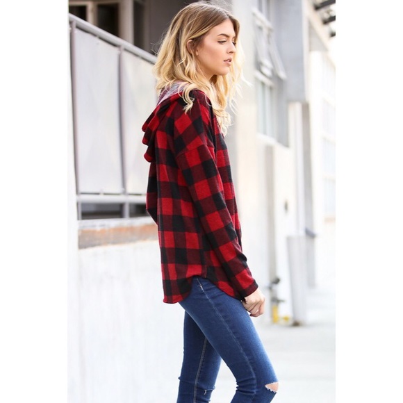 •BUY2/1FREE• Afternoon Hike Red Plaid Hoodie - Picture 3 of 4