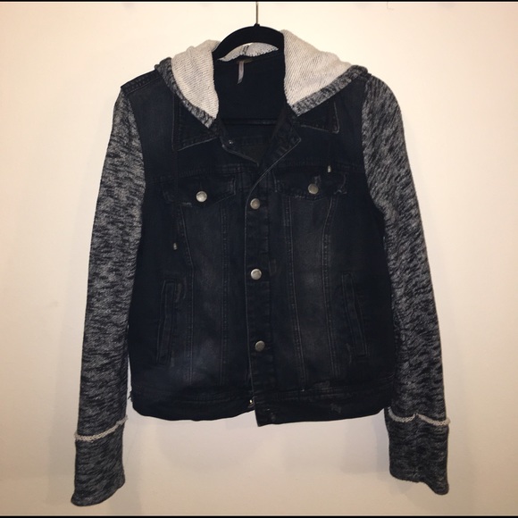 Free People black denim jacket with knit sleeves