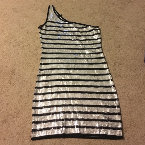 Bebe silver sequined dress with one shoulder strap