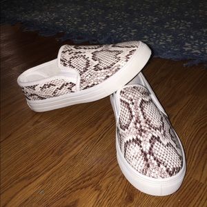 Snake print slip ons