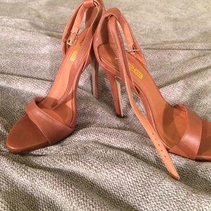 Faux leather camel colored ankle strap pumps