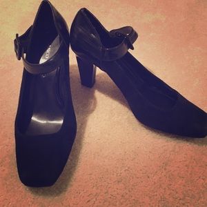 Black Suede Mary Janes with square heel and toe