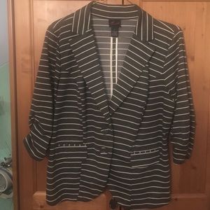 Torrid Striped Blazer ruched sleeves ruffled back.