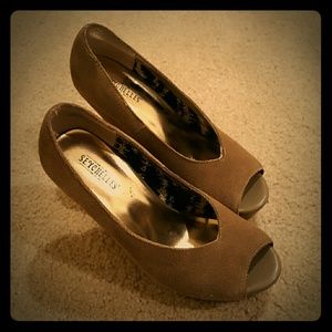 Seychelles suede, peep toe wedges