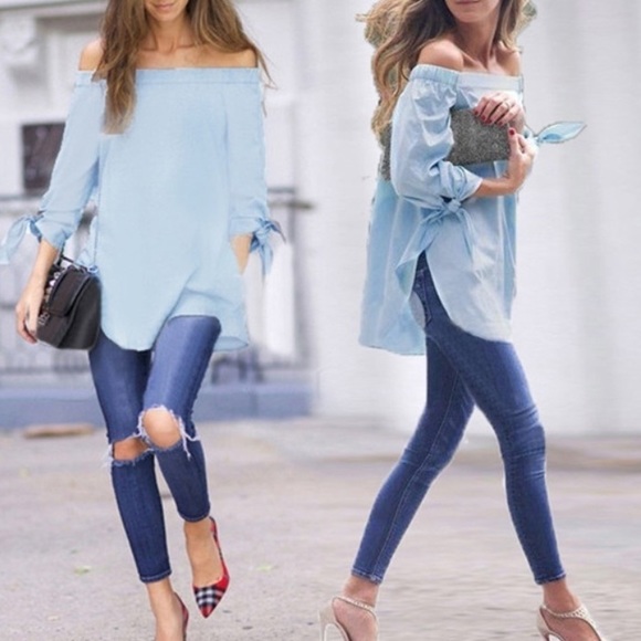 Tops - NWT blue chambray style off the shoulder blouse