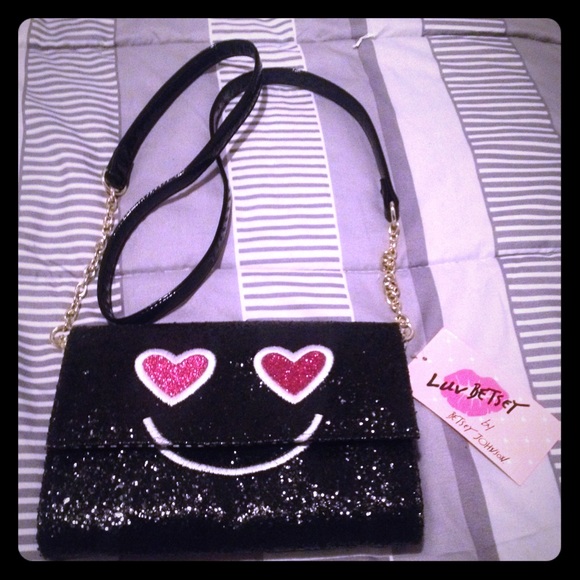 Betsey black sparkle purse w/stripes & eyes+smiley