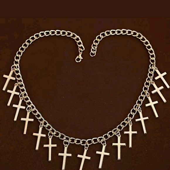 Hollow golden dangling cross charms bib necklace - Picture 2 of 4