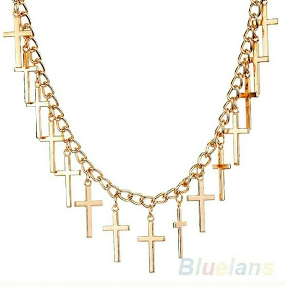 Hollow golden dangling cross charms bib necklace - Picture 3 of 4