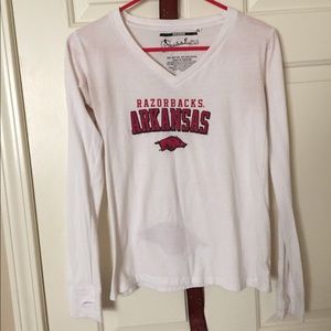 White long sleeve v neck Arkansas razorbacks tee