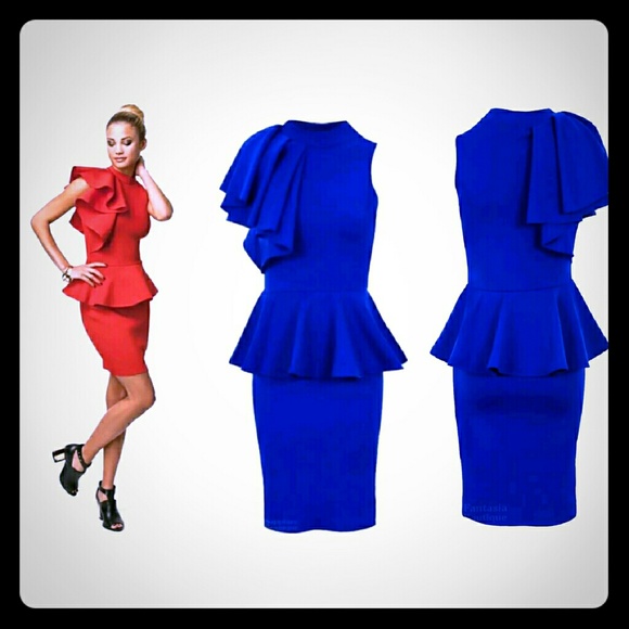 Royal Blue Frill Ruffle Sleeve Peplum Dress, 16/18