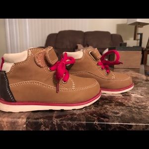 Tan with red toddler shoes.