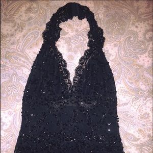 BEBE Black sequined lace halter with bustier back.