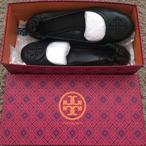 Tory Burch Reva black leather flats, size 7.5
