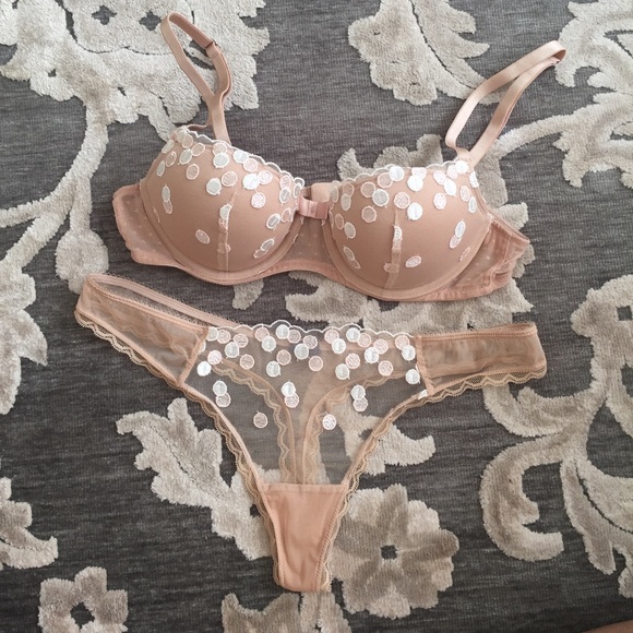 Aerie Nude Polka Dot Lingerie Set 34A and M Thong