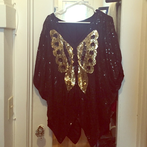 Vintage black sequined dolman butterfly tunic top