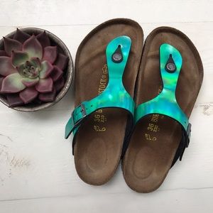 Iridescent green Birkenstock sandals in size 36