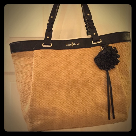 Cole Haan woven tan bag with black leather accents