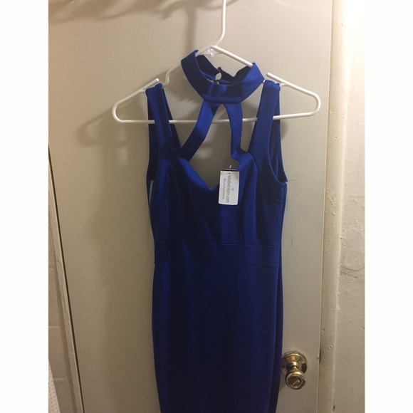 Royal blue sweetheart cutout mockneck midi bodycon