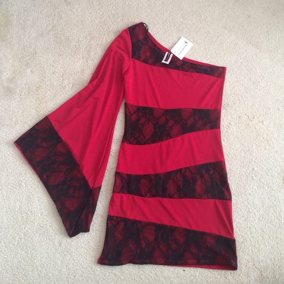One Sleeve Lace Red and Black Party Dress💋