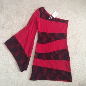 One Sleeve Lace Red and Black Party Dress💋