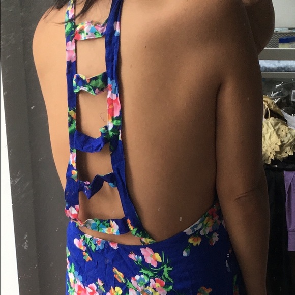 LF Blue Floral Mini Dress Ladder Cutout XS