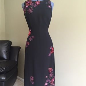 Black evening gown with beaded flowers