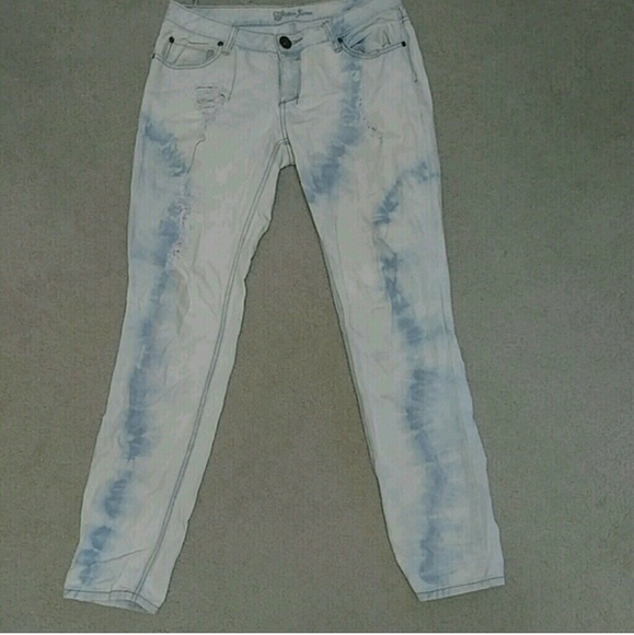Blue and white distressed tyedye jeans