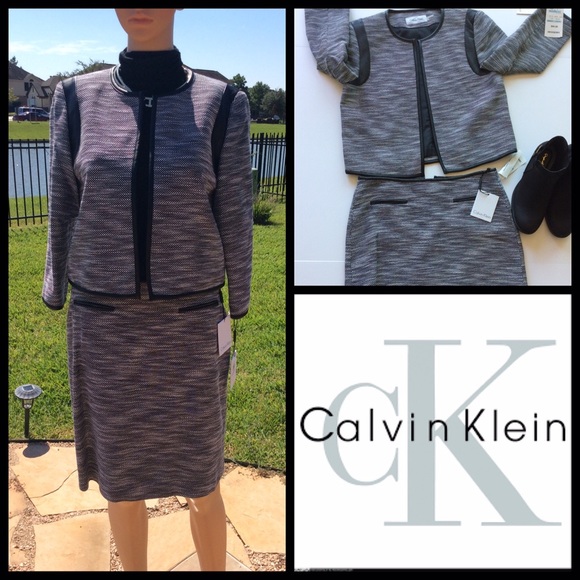 Calvin Klein b&w leather trimmed suit, open jacket - Picture 1 of 3