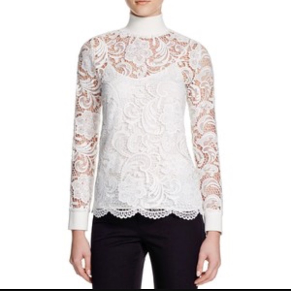Dylan Gray White Knit & Lace Turtleneck Blouse